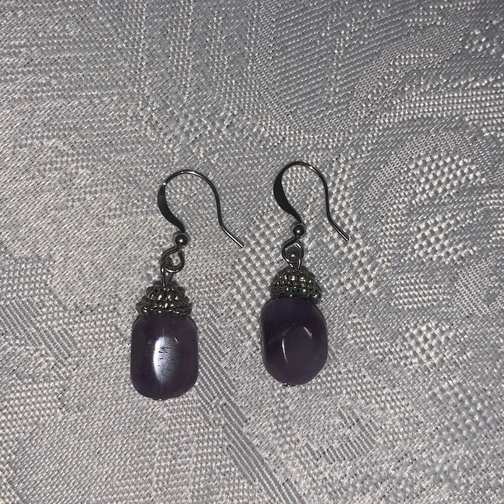 Vintage Silver Amethyst Hook Back‎ Drop Earrings